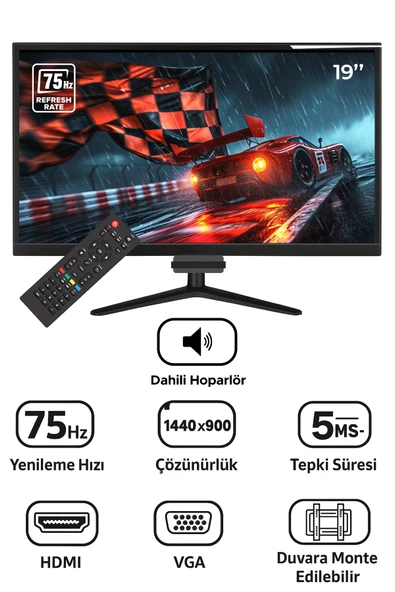SNRELK  19" SESLİ DAHİLİ HOPARLÖR 12V  (KUMANDALI)  Geniş Ekran 75 Hz 5ms (VGA,HDMI) Led Monitör ürün görseli 1