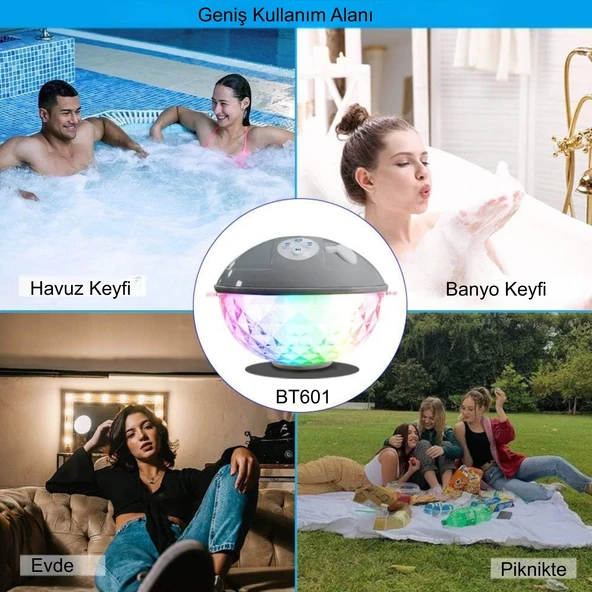 HyMark Bluetooth BT601 Havuz Hoparlörü Renkli RGB Led Işık IP68 Su Geçirmez Dahili Şarjlı Pilli Ses Bombası - 5