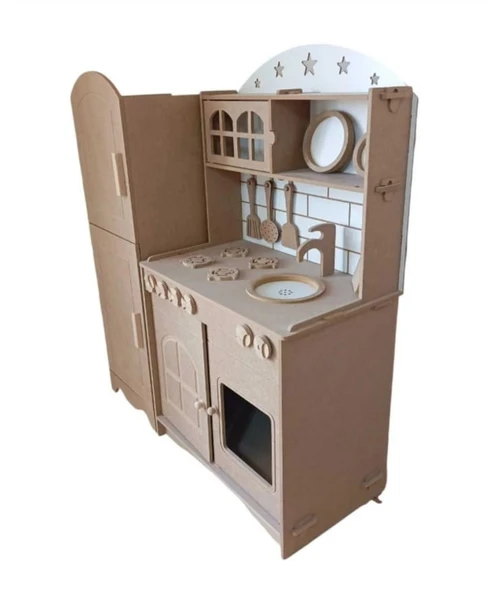 2 Kapaklı, Buzdolaplı Oyuncak Ahşap Mutfak Seti