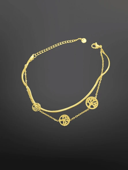 Gold Renk Hayat Ağacı Temalı İkili Zincir Model 316L Çelik Bileklik - Şık ve Anlamlı ürün görseli 1