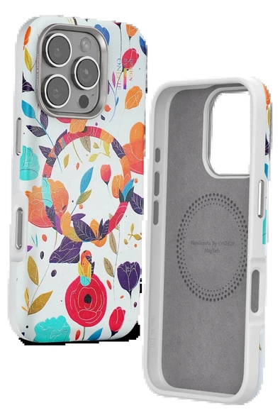 Onegif iPhone 16 Pro Flower Series Magsafe Kapak - Beyaz - Resim 2
