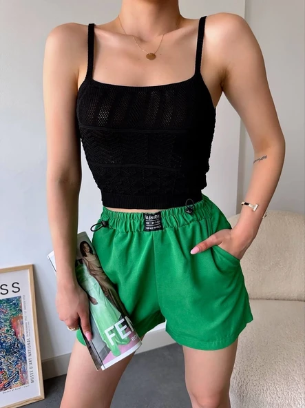 Armalı keten şort yeşil s251003 - Resim 4