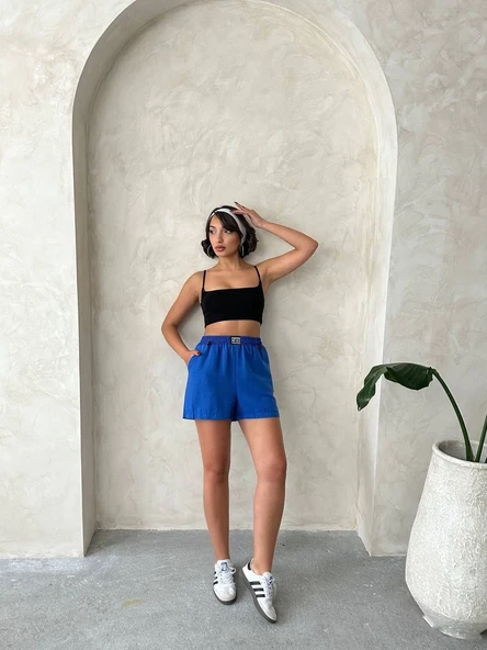 Armalı keten şort saks mavisi s251003 - Resim 5