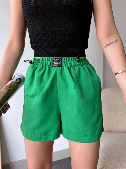 Armalı keten şort yeşil s251003 - Resim 5