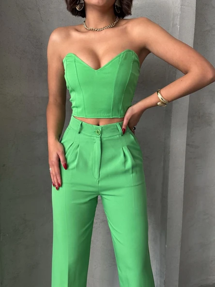 Palazzo pantolonlu alt üst takım yeşil - Resim 3