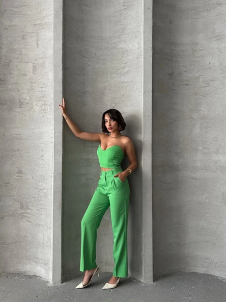 Palazzo pantolonlu alt üst takım yeşil - Resim 4