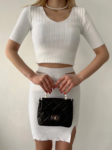 Etekli triko takım beyaz t23107