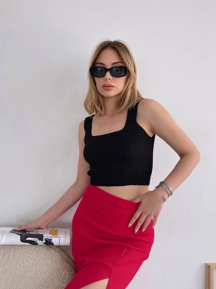 Yırtmaçlı esnek kumaş midi boy etek koyu kırmızı - Resim 6