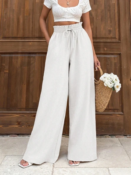 Keten bağcıklı beyaz pantolon - Resim 4