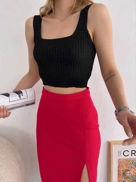 Yırtmaçlı esnek kumaş midi boy etek koyu kırmızı - Resim 4