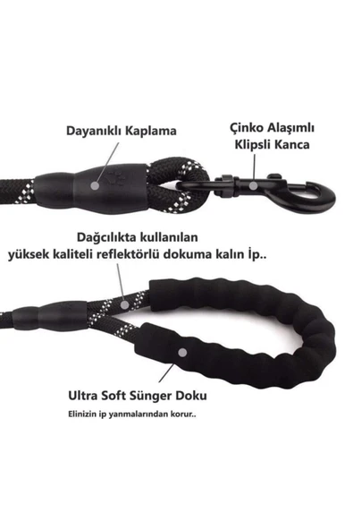 Köpekler İçin Gezdirme Tasması Reflektörlü 130 Cm Halat Orta Ve Büyük Boy Köpekler İçin Siyah - 4