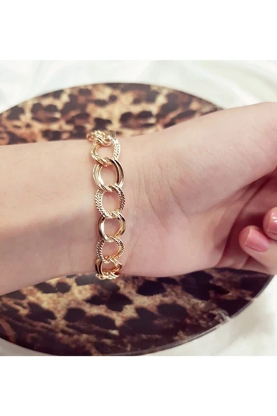 Kadın Gold Lüx Detaylı Çift Zincir Samanyolu Bileklik