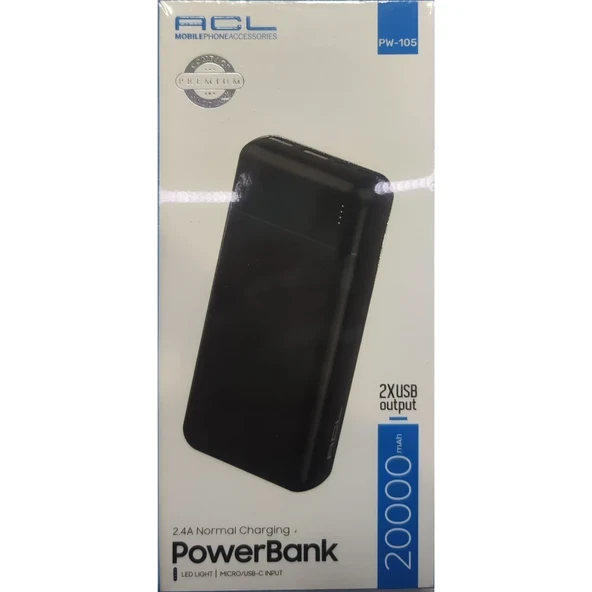 ACL PW-105 2.4A, LED Işıklı Type-C, Mikro Girişli 2xUSB-A Çıkış PowerBank 20.000mAh - Resim 2