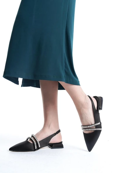 Kadın Linda Siyah Saten İki Sıra Taşlı Arkası Acık 2 cm Topuklu Sivri Burun Babet - 3