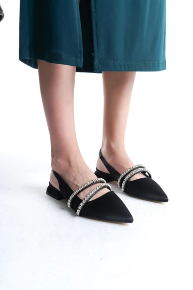 Kadın Linda Siyah Saten İki Sıra Taşlı Arkası Acık 2 cm Topuklu Sivri Burun Babet - 2
