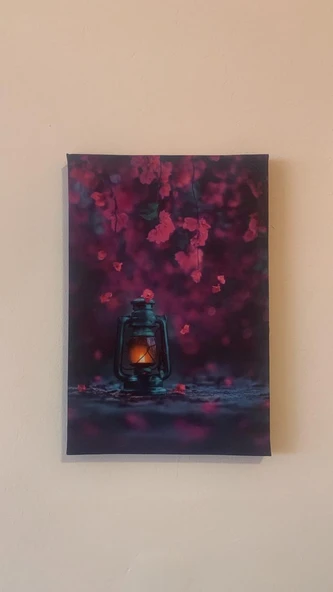 Pembe Çiçeklerin Altında Gaz Lambası Natürel Tasarım Ahşap Çerçeve Ev İşyeri Duvar Kanvas Tablo LMB1 - 6