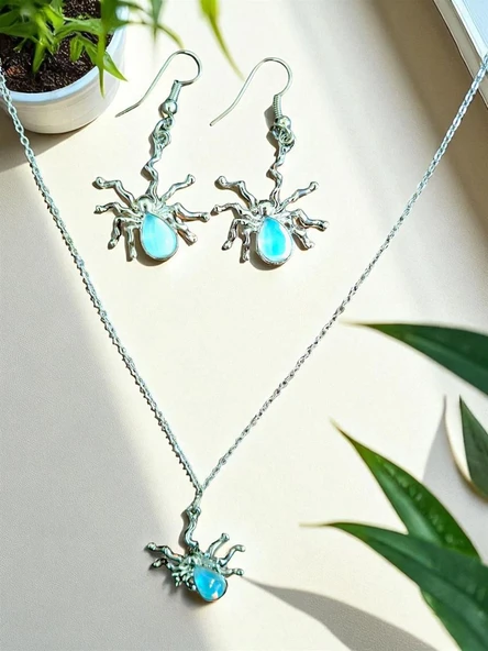 Mavi Taşlı Örümcek Kolye Küpe Takım ürün görseli 1