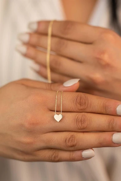 Altın Renk Taşsız Beyaz Kalp Kolye - Resim 2