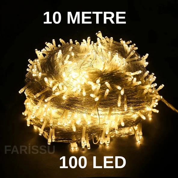 Fişli Peri LED Işık | Gün Işığı Renk | 10 Metre 100 LED Şeffaf Kablo | 8 Modlu Dış Mekan Dekoratif Aydınlatma