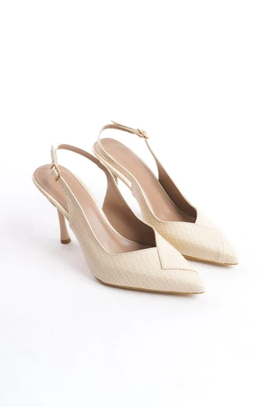 Kadın Soci Krem Rugan 9 Cm İnce Topuklu Sivri Burunlu Arkası Acık Tasarım Stiletto - 4