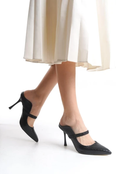 Kadın Mavera Siyah Rugan 9 Cm İnce Topuklu Sivri Burunlu Arkası Acık Tasarım Stiletto - 2