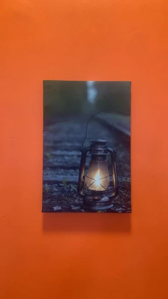 Tren Raylarında Gaz Lambası Natürel Tasarım Ahşap Çerçeve Ev İşyeri Duvar Kanvas Tablo LMB2 - 6