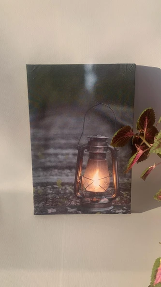 Tren Raylarında Gaz Lambası Natürel Tasarım Ahşap Çerçeve Ev İşyeri Duvar Kanvas Tablo LMB2 - 4