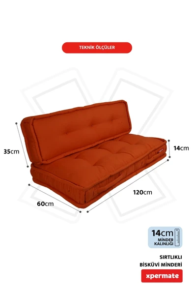 XPERMATE Bisküvi Minder Petek Önü Palet Üstü Minderi Fransız Minder Bank ve Bahçe Minderi 60X120x14 cm Kiremit - 2