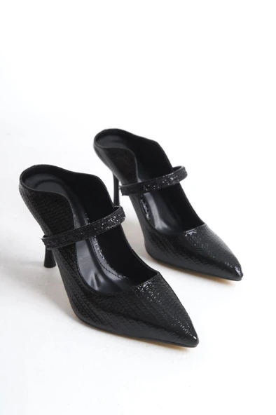 Kadın Mavera Siyah Rugan 9 Cm İnce Topuklu Sivri Burunlu Arkası Acık Tasarım Stiletto - 4