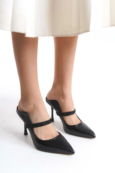 Kadın Mavera Siyah Rugan 9 Cm İnce Topuklu Sivri Burunlu Arkası Acık Tasarım Stiletto - 3