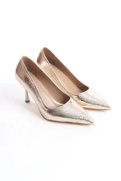 Kadın Scarlet Gold Yılan Basklı 9 Cm İnce Topuklu Sivri Burun Stiletto - 5