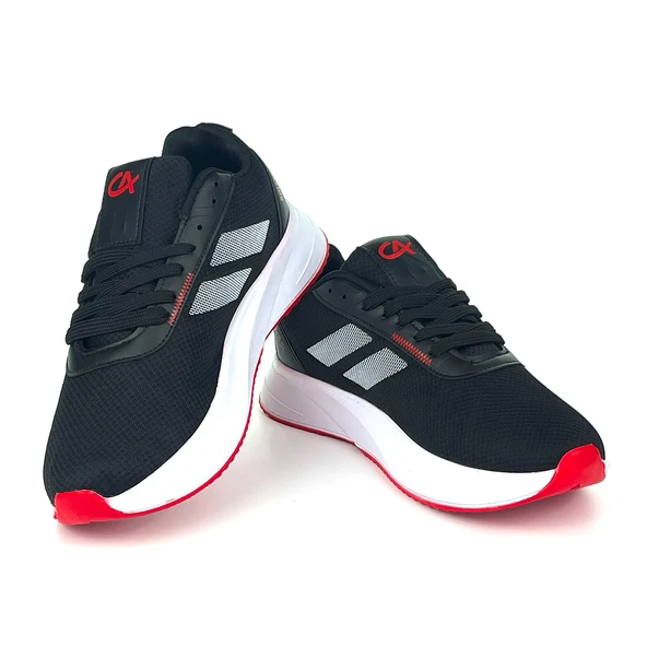 Erkek Siyah Kırmızı Bağcıklı Nefes Alan Esnek Hafif Günlük Sneaker Spor Ayakkabı - Resim 4