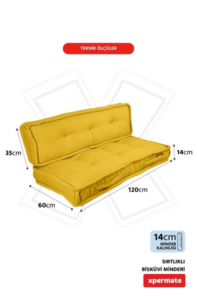 XPERMATE Bisküvi Minder Petek Önü Palet Üstü Minderi Fransız Minder Bank ve Bahçe Minderi 60X120x14 cm Sarı - Resim 2