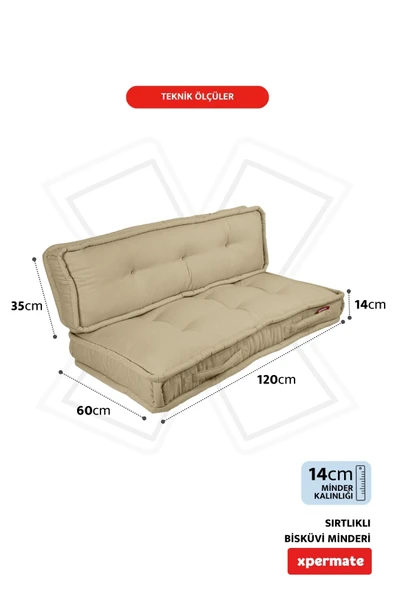 XPERMATE Bisküvi Minder Petek Önü Palet Üstü Minderi Fransız Minder Bank ve Bahçe Minderi 60X120x14 cm Bej - Resim 2