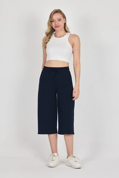 Yüksek Bel Cepli Rahat Kesim Mevsimlik Kadın Diz Altı 2'li Bermuda Siyah-Antrasit Kapri Şort - Resim 12