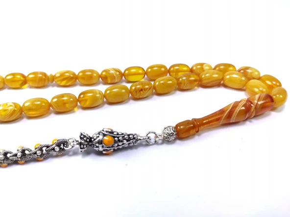 Sarı Hareli Kapsül Model Sıkma Kehribar Tesbih - Resim 2