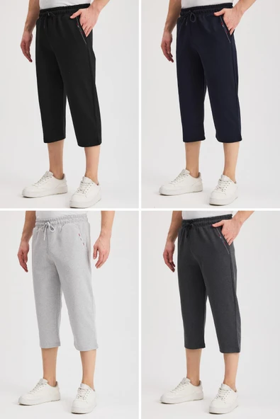 Erkek Yanları Cepli Siyah-Lacivert-Gri-Antrasit Bermuda Diz Altı Kapri Beli Ayarlanabilir Lastikli 4'lü Uzun Şort ürün görseli