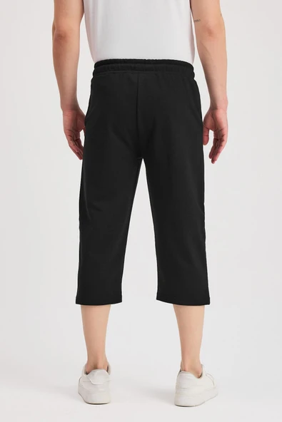 Erkek Yanları Cepli Siyah Bermuda Diz Altı Kapri Beli Ayarlanabilir Lastikli Uzun Şort MTLCE108 - Resim 7