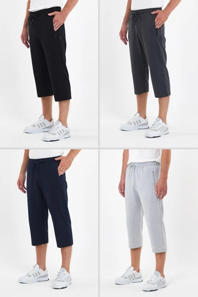 Erkek 4'Lü Cepleri Fermuarlı Bermuda Diz Altı Kapri Lastikli Uzun Şort ürün görseli