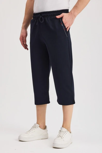 Erkek Yanları Cepli Lacivert Bermuda Diz Altı Kapri Beli Ayarlanabilir Lastikli Uzun Şort MTLCE108 - Resim 2