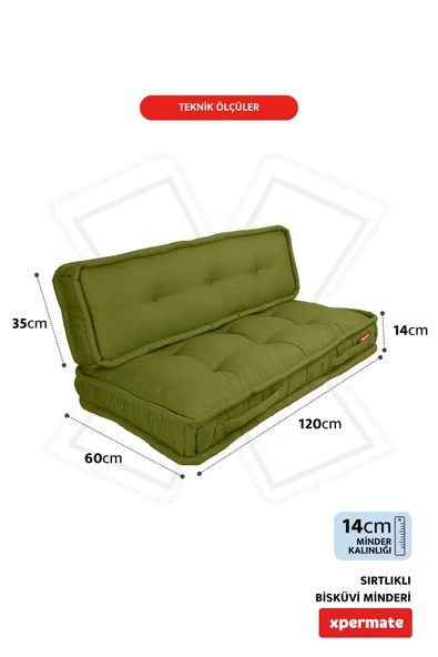 XPERMATE Bisküvi Minder Petek Önü Palet Üstü Minderi Fransız Minder Bank ve Bahçe Minderi 60X120x14 cm Yeşil - Resim 2