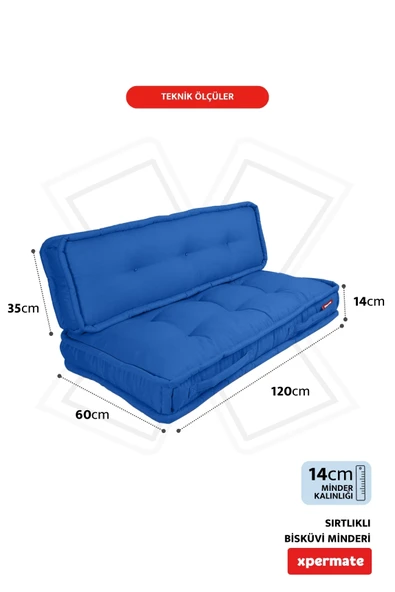 XPERMATE Bisküvi Minder Petek Önü Palet Üstü Minderi Fransız Minder Bank ve Bahçe Minderi 60X120x14 cm Mavi - Resim 2