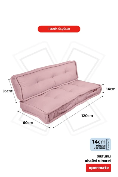 XPERMATE Bisküvi Minder Petek Önü Palet Üstü Minderi Fransız Minder Bank ve Bahçe Minderi 60X120x14 cm Pembe - Resim 2