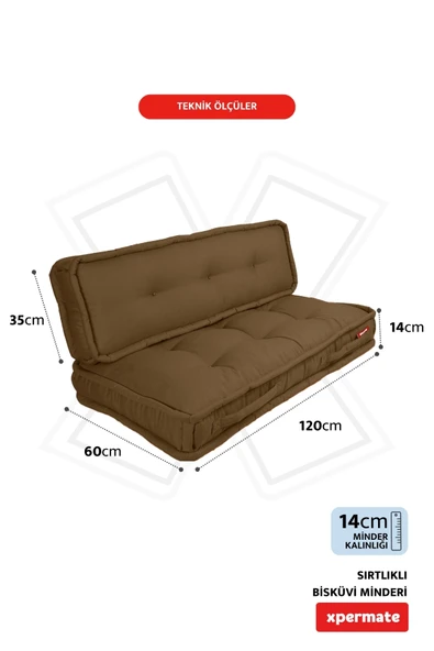 XPERMATE Bisküvi Minder Petek Önü Palet Üstü Minderi Fransız Minder Bank ve Bahçe Minderi 60X120x14 cm Kahve - Resim 2