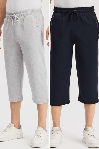 Erkek Yanları Cepli Siyah-Antrasit Bermuda Diz Altı Kapri Beli Ayarlanabilir Lastikli 2'li Uzun Şort - Resim 9