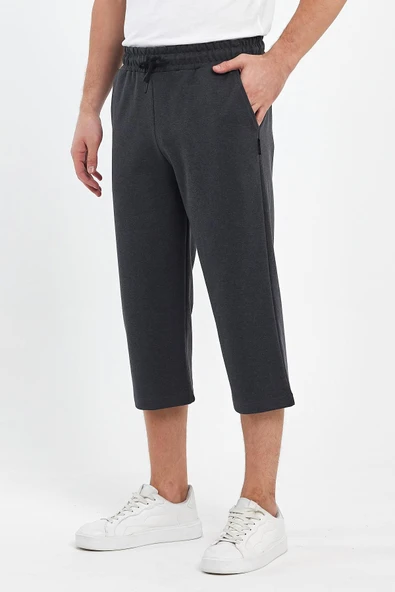 Erkek Yanları Cepli Antrasit Bermuda Diz Altı Kapri Beli Ayarlanabilir Lastikli Uzun Şort MTLCE74 - Resim 2