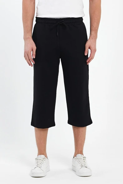 Erkek Yanları Cepli Siyah Bermuda Diz Altı Kapri Beli Ayarlanabilir Lastikli Uzun Şort MTLCE74 - Resim 2