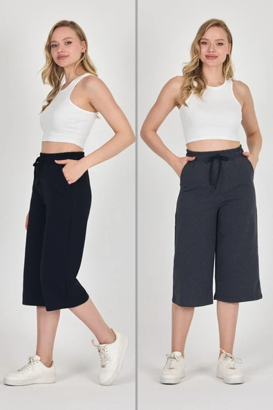 Yüksek Bel Cepli Rahat Kesim Mevsimlik Kadın Diz Altı 2'li Bermuda Siyah-Antrasit Kapri Şort ürün görseli