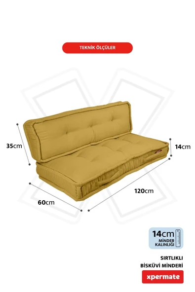 XPERMATE Bisküvi Minder Petek Önü Palet Üstü Minderi Fransız Minder Bank ve Bahçe Minderi 60X120x14 cm Hardal - Resim 2