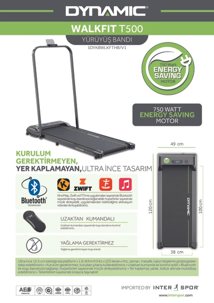 Dynamic Walkfitpad T500 Hb Tutma Kollu Bluetooth'lu Hoparlörlü Uygulama Destekli Enerji Tasarruflu Uzaktan Kumandalı Koşu Bandı - 7